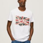 hombres camiseta con el logo de la bandera y la bandera ondeando Pepe Jeans 44JTZ1014 blanco
