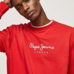 hombres suéter con logo estampado Pepe Jeans 44JTZ890 estudio rojo