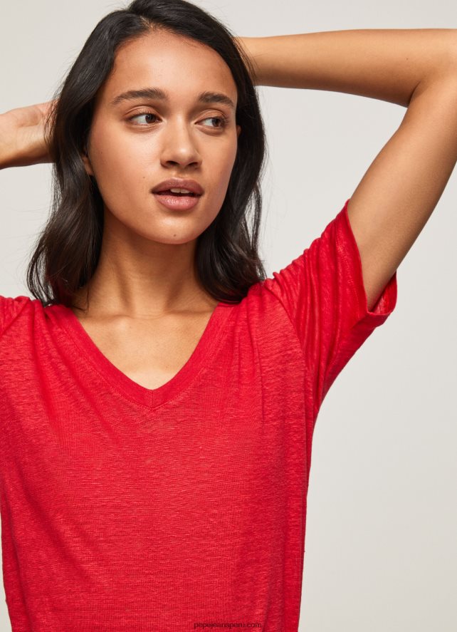 mujer camiseta de lino con cuello de pico Pepe Jeans 44JTZ465 estudio rojo - Imagen 3