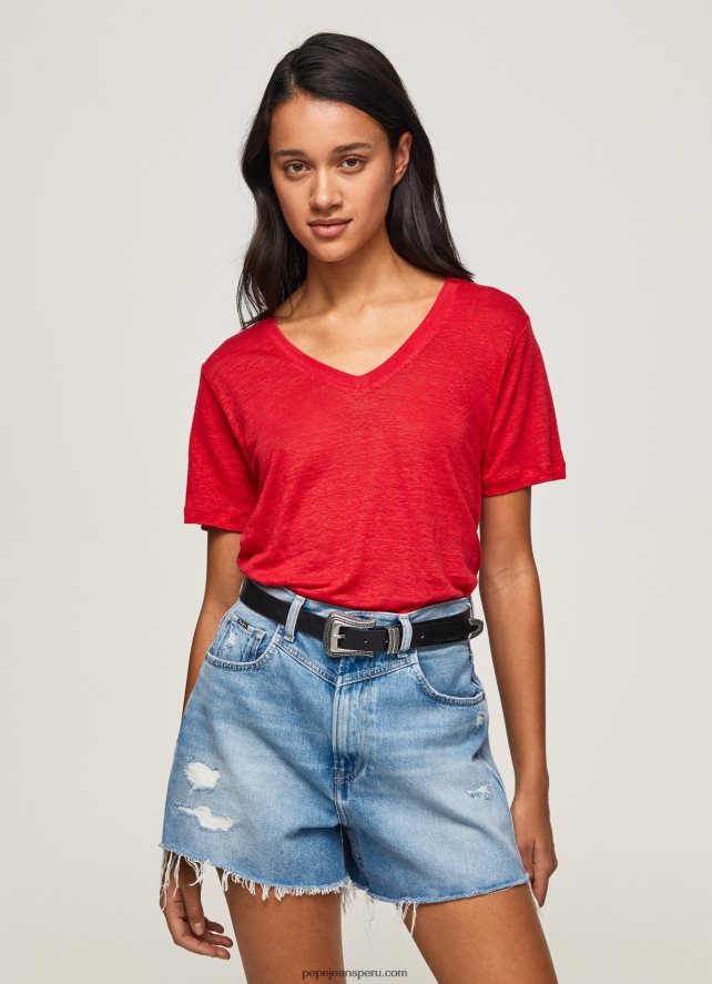 mujer camiseta de lino con cuello de pico Pepe Jeans 44JTZ465 estudio rojo - Imagen 1