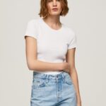 mujer camiseta de algodón con logo Pepe Jeans 44JTZ404 blanco