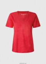 mujer camiseta de lino con cuello de pico Pepe Jeans 44JTZ465 estudio rojo - Imagen 5