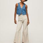 mujer pantalones acampanados de algodón Pepe Jeans 44JTZ312 piedra