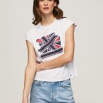 mujer playera con estampado Union Jack Pepe Jeans 44JTZ415 blanco