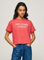 mujer playera con logo estampado Pepe Jeans 44JTZ379 estudio rojo