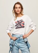 mujer suéter con estampado de bandera del Reino Unido Pepe Jeans 44JTZ266 blanco