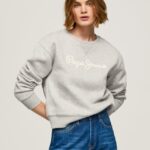 mujer suéter con logo estampado Pepe Jeans 44JTZ267 gris marga